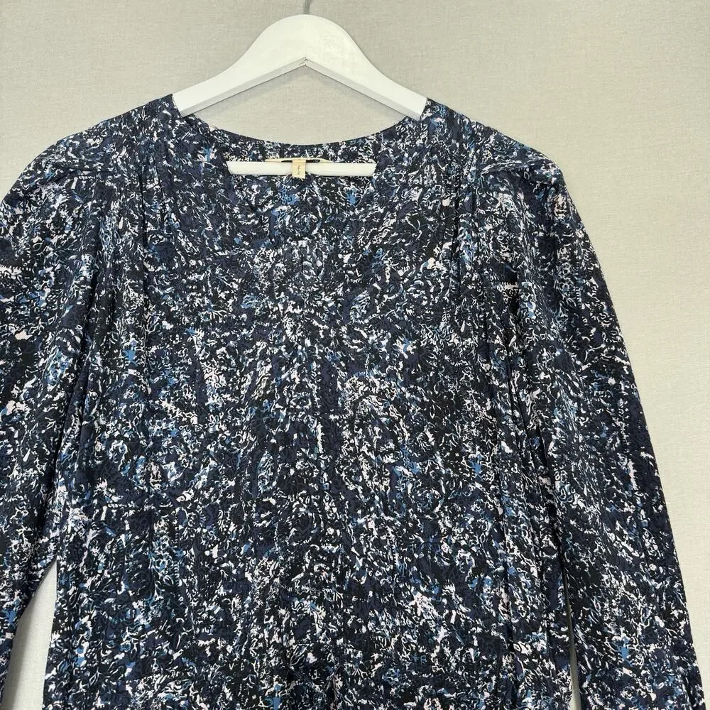Rebecca Taylor 100% Silk Dress Womens 2 Blue Printed Cinched Tassel Puff‎ Sleeve